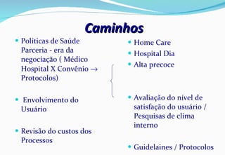Caminhos Políticas de Saúde  Parceria - era da negociação ( Médico Hospital X Convênio    Protocolos) Envolvimento do Usuário Revisão do custos dos  Processos Home Care Hospital Dia Alta precoce Avaliação do nível de satisfação do usuário / Pesquisas de clima interno Guidelaines / Protocolos 