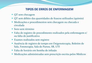 TIPOS DE ERROS DE ENFERMAGEM   QT sem checagem QT sem débito das quantidades de frascos utilizados (quimio) Medicações e procedimentos sem checagem ou checada e circulada Soro sem término Falta de registro de procedimento realizados pela enfermagem e/ou falta de justificativa  Exames realizados sem registro Ausência de registro de tempo em Oxigenoterapia, Boletim de Sala, Fototerapia, Sala de Partos, SR, UTI Falta de horário em bomba de infusão Medicações administradas sem prescrição escrita pelos Médicos  