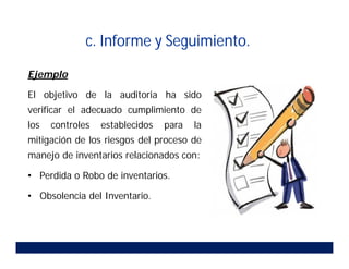 c. Informe y Seguimiento.
Ejemplo
El objetivo de la auditoria ha sido
verificar el adecuado cumplimiento de
los controles establecidos para la
mitigación de los riesgos del proceso de
manejo de inventarios relacionados con:
• Perdida o Robo de inventarios.
• Obsolencia del Inventario.
 