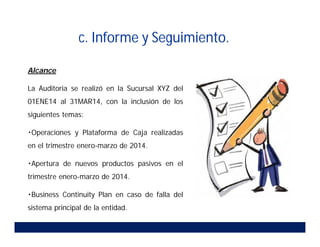 c. Informe y Seguimiento.
Alcance
La Auditoria se realizó en la Sucursal XYZ del
01ENE14 al 31MAR14, con la inclusión de los
siguientes temas:
Operaciones y Plataforma de Caja realizadas
en el trimestre enero-marzo de 2014.
Apertura de nuevos productos pasivos en el
trimestre enero-marzo de 2014.
Business Continuity Plan en caso de falla del
sistema principal de la entidad.
 