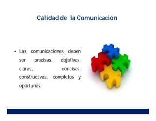 • Las comunicaciones deben
ser precisas, objetivas,
claras, concisas,
constructivas, completas y
oportunas.
Calidad de la Comunicación
 