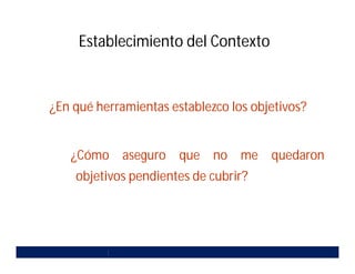 Instituto de Auditores Internos del Perú
Establecimiento del Contexto
¿En qué herramientas establezco los objetivos?
¿Cómo aseguro que no me quedaron
objetivos pendientes de cubrir?
 