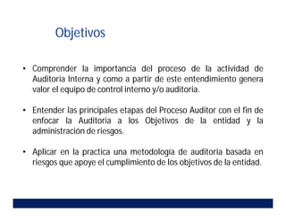 • Comprender la importancia del proceso de la actividad de
Auditoria Interna y como a partir de este entendimiento genera
valor el equipo de control interno y/o auditoria.
• Entender las principales etapas del Proceso Auditor con el fin de
enfocar la Auditoria a los Objetivos de la entidad y la
administración de riesgos.
• Aplicar en la practica una metodología de auditoria basada en
riesgos que apoye el cumplimiento de los objetivos de la entidad.
Objetivos
 