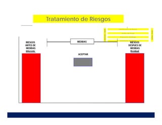 Tratamiento de Riesgos
RIESGOS
ANTES DE
MEDIDAS
Inherente
RIESGOS
DESPUES DE
MEDIDAS
Residual
ACEPTAR
MEDIDAS
 