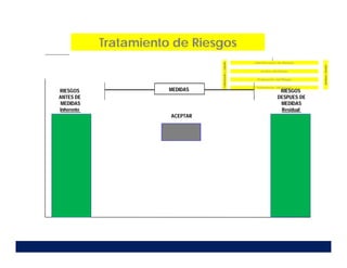 Tratamiento de Riesgos
RIESGOS
ANTES DE
MEDIDAS
Inherente
RIESGOS
DESPUES DE
MEDIDAS
Residual
ACEPTAR
MEDIDAS
 