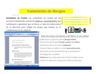 Tratamiento de Riesgos
Actividades de Control: Las actividades de control son las
acciones establecidas a través de políticas y procedimientos que
contribuyen a garantizar que se lleven a cabo las instrucciones
de la Dirección para mitigar los riesgos que inciden en el
cumplimiento de los objetivos.
Aspectos Claves de Diseño a Identificar en un Control
Quién lleva a cabo el control (Responsable)
Frecuencia del Control (Cada cuanto se realiza)
Qué busca hacer el control (objetivo)
Cómo se lleva a cabo el control (procedimiento)
Que pasa con las desviaciones y/o excepciones
(Investigación y análisis)
Evidencia de la ejecución del control (La firma no es
evidencia suficiente de que un control se ejecuto)
 