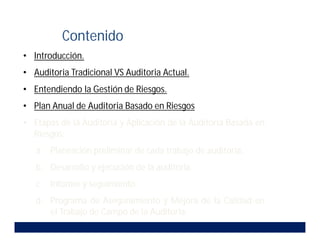 • Introducción.
• Auditoria Tradicional VS Auditoria Actual.
• Entendiendo la Gestión de Riesgos.
• Plan Anual de Auditoria Basado en Riesgos.
• Etapas de la Auditoria y Aplicación de la Auditoria Basada en
Riesgos:
a. Planeación preliminar de cada trabajo de auditoria.
b. Desarrollo y ejecución de la auditoria.
c. Informe y seguimiento.
d. Programa de Aseguramiento y Mejora de la Calidad en
el Trabajo de Campo de la Auditoria.
Contenido
 