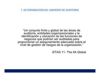 1. DETERMINACIÓN DEL UNIVERSO DE AUDITORIA
“Un conjunto finito y global de las áreas de
auditoría, entidades organizacionales y la
identificación y ubicación de las funciones de
negocios que podrían ser auditadas para
proporcionar un aseguramiento adecuado sobre el
nivel de gestión de riesgos de la organización.”
GTAG 11- The IIA Global
 