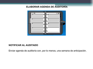 ELABORAR AGENDA DE AUDITORÍA




NOTIFICAR AL AUDITADO

Enviar agenda de auditoría con, por lo menos, una semana de anticipación.
 