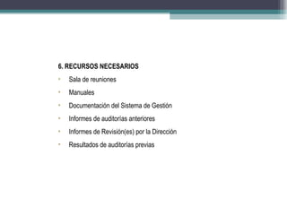 6. RECURSOS NECESARIOS
•   Sala de reuniones
•   Manuales
•   Documentación del Sistema de Gestión
•   Informes de auditorías anteriores
•   Informes de Revisión(es) por la Dirección
•   Resultados de auditorías previas
 