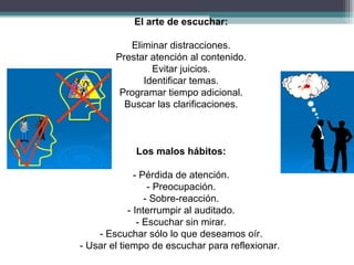 El arte de escuchar:

           Eliminar distracciones.
        Prestar atención al contenido.
                Evitar juicios.
              Identificar temas.
         Programar tiempo adicional.
          Buscar las clarificaciones.



            Los malos hábitos:

               - Pérdida de atención.
                   - Preocupación.
                  - Sobre-reacción.
             - Interrumpir al auditado.
                - Escuchar sin mirar.
    - Escuchar sólo lo que deseamos oír.
- Usar el tiempo de escuchar para reflexionar.
 