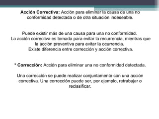 Acción Correctiva: Acción para eliminar la causa de una no
      conformidad detectada o de otra situación indeseable.


     Puede existir más de una causa para una no conformidad.
La acción correctiva es tomada para evitar la recurrencia, mientras que
            la acción preventiva para evitar la ocurrencia.
        Existe diferencia entre corrección y acción correctiva.


 * Corrección: Acción para eliminar una no conformidad detectada.

   Una corrección se puede realizar conjuntamente con una acción
    correctiva. Una corrección puede ser, por ejemplo, retrabajar o
                              reclasificar.
 