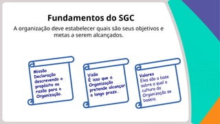 Fundamentos do SGC
Missão
Declaração
descrevendo o
propósito ou
razão para o
Organização.
Visão
É isso que a
Organização
pretende alcançar
a longo prazo.
Valores
Eles são a base
sobre a qual a
cultura da
Organização se
baseia.
A organização deve estabelecer quais são seus objetivos e
metas a serem alcançados.
 
