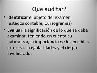 Que auditar?
• Identificar el objeto del examen
  (estados contable, Cursogramas)
• Evaluar la significación de lo que se debe
  examinar, teniendo en cuenta su
  naturaleza, la importancia de los posibles
  errores o irregularidades y el riesgo
  involucrado.
 