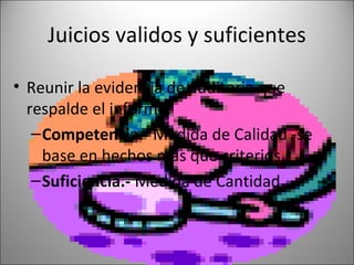 Juicios validos y suficientes

• Reunir la evidencia de auditoria que
  respalde el informe:
   – Competencia.- Medida de Calidad -se
     base en hechos mas que criterios.
   – Suficiencia.- Medida de Cantidad.
 