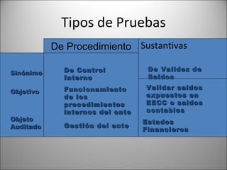 Tipos de Pruebas
           De Procedimiento Sustantivas

             De Control           De Validez de
Sinónimo
             Interno              Saldos
             Funcionamiento      Validar saldos
Objetivo
             de los              expuestos en
             procedimientos      EECC o saldos
             internos del ente   contables
Objeto                           Estados
Auditado     Gestión del ente
                                 Financieros
 