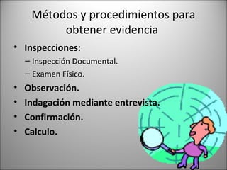 Métodos y procedimientos para
          obtener evidencia
• Inspecciones:
    – Inspección Documental.
    – Examen Físico.
•   Observación.
•   Indagación mediante entrevista.
•   Confirmación.
•   Calculo.
 