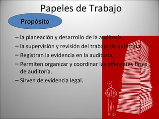 Papeles de Trabajo
  Propósito

– la planeación y desarrollo de la auditoría.
– la supervisión y revisión del trabajo de auditoría.
– Registran la evidencia en la auditoría.
– Permiten organizar y coordinar las diferentes fases
  de auditoría.
– Sirven de evidencia legal.
 