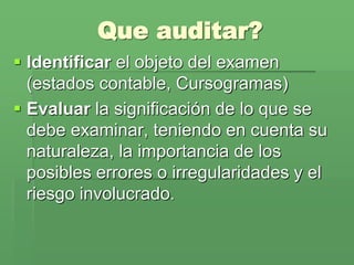 Que auditar?
 Identificar el objeto del examen
  (estados contable, Cursogramas)
 Evaluar la significación de lo que se
  debe examinar, teniendo en cuenta su
  naturaleza, la importancia de los
  posibles errores o irregularidades y el
  riesgo involucrado.
 