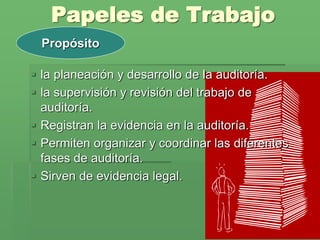 Papeles de Trabajo
  Propósito

 la planeación y desarrollo de la auditoría.
 la supervisión y revisión del trabajo de
  auditoría.
 Registran la evidencia en la auditoría.
 Permiten organizar y coordinar las diferentes
  fases de auditoría.
 Sirven de evidencia legal.
 