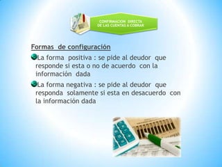 Formas  de configuraciónLa forma  positiva : se pide al deudor  que responde si esta o no de acuerdo  con la información  dadaLa forma negativa : se pide al deudor  que responda  solamente si esta en desacuerdo  con la información dada        