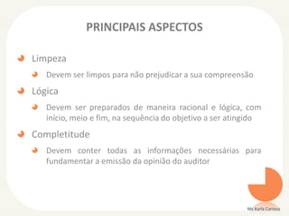 PRINCIPAIS ASPECTOS
Limpeza
Devem ser limpos para não prejudicar a sua compreensão
Lógica
Devem ser preparados de maneira racional e lógica, com
início, meio e fim, na sequência do objetivo a ser atingido
Completitude
Devem conter todas as informações necessárias para
fundamentar a emissão da opinião do auditor
Ms Karla Carioca
 