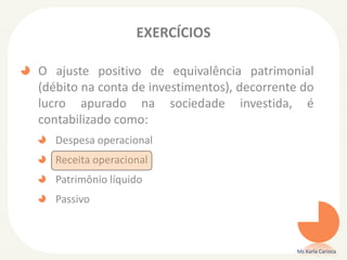 EXERCÍCIOS
O ajuste positivo de equivalência patrimonial
(débito na conta de investimentos), decorrente do
lucro apurado na sociedade investida, é
contabilizado como:
Despesa operacional
Receita operacional
Patrimônio líquido
Passivo
Ms Karla Carioca
 
