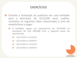 EXERCÍCIOS
Durante a realização da auditoria em uma entidade
para a data-base de 31/12/X0 você, auditor,
constatou os seguintes fatos relacionados à área de
empréstimos a pagar:
A entidade captou um empréstimo em 31/03/X0 no
montante de US$ 200.000 com o seguinte prazo de
vencimento:
US$ 50.000 em 31/03/X1
US$ 50.000 em 30/09/X1
US$ 50.000 em 31/03/X2
US$ 50.000 em 30/09/X2
Ms Karla Carioca
 