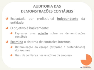 AUDITORIA DAS
DEMONSTRAÇÕES CONTÁBEIS
Executada por profissional independente da
entidade
O objetivo é basicamente:
Expressar uma opinião sobre as demonstrações
contábeis
Examina o sistema de controles internos
Determinação do escopo (extensão e profundidade)
dos exames
Grau de confiança nos relatórios da empresa
Ms Karla Carioca
 