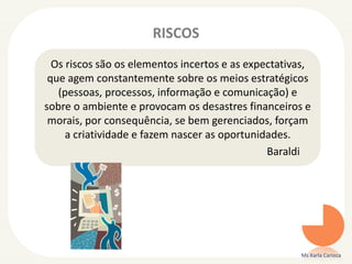 RISCOS
Ms Karla Carioca
Os riscos são os elementos incertos e as expectativas,
que agem constantemente sobre os meios estratégicos
(pessoas, processos, informação e comunicação) e
sobre o ambiente e provocam os desastres financeiros e
morais, por consequência, se bem gerenciados, forçam
a criatividade e fazem nascer as oportunidades.
Baraldi
 