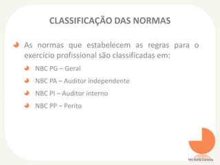 CLASSIFICAÇÃO DAS NORMAS
As normas que estabelecem as regras para o
exercício profissional são classificadas em:
NBC PG – Geral
NBC PA – Auditor independente
NBC PI – Auditor interno
NBC PP – Perito
Ms Karla Carioca
 