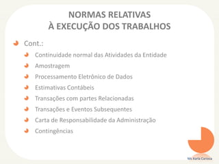 NORMAS RELATIVAS
À EXECUÇÃO DOS TRABALHOS
Cont.:
Continuidade normal das Atividades da Entidade
Amostragem
Processamento Eletrônico de Dados
Estimativas Contábeis
Transações com partes Relacionadas
Transações e Eventos Subsequentes
Carta de Responsabilidade da Administração
Contingências
Ms Karla Carioca
 