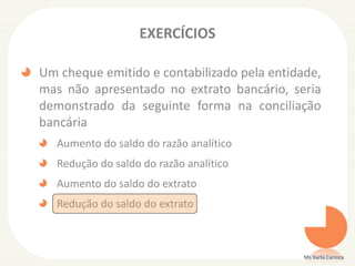 EXERCÍCIOS
Um cheque emitido e contabilizado pela entidade,
mas não apresentado no extrato bancário, seria
demonstrado da seguinte forma na conciliação
bancária
Aumento do saldo do razão analítico
Redução do saldo do razão analítico
Aumento do saldo do extrato
Redução do saldo do extrato
Ms Karla Carioca
 