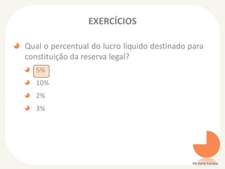EXERCÍCIOS
Qual o percentual do lucro líquido destinado para
constituição da reserva legal?
5%
10%
2%
3%
Ms Karla Carioca
 