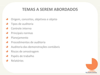TEMAS A SEREM ABORDADOS
Origem, conceitos, objetivos e objeto
Tipos de auditoria
Controle interno
Principais normas
Planejamento
Procedimentos de auditoria
Auditoria das demonstrações contábeis
Riscos de amostragem
Papéis de trabalho
Relatórios
Ms Karla Carioca
 