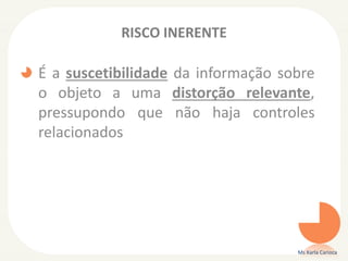 RISCO INERENTE
É a suscetibilidade da informação sobre
o objeto a uma distorção relevante,
pressupondo que não haja controles
relacionados
Ms Karla Carioca
 