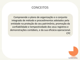 CONCEITOS
Ms Karla Carioca
Compreende o plano de organização e o conjunto
integrado de método e procedimentos adotados pela
entidade na proteção do seu patrimônio, promoção da
confiabilidade e tempestividade dos seus registros e
demonstrações contábeis, e da sua eficácia operacional.
CFC
 