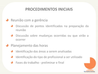 PROCEDIMENTOS INICIAIS
Reunião com a gerência
Discussão de pontos identificados na preparação da
reunião
Discussão sobre mudanças ocorridas ou que virão a
ocorrer
Planejamento das horas
Identificação das áreas a serem analisadas
Identificação do tipo de profissional a ser utilizado
Fases do trabalho - preliminar e final
Ms Karla Carioca
 