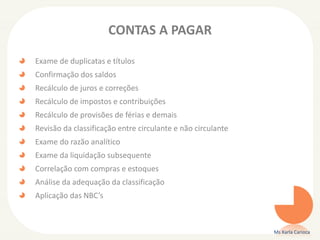 CONTAS A PAGAR
Exame de duplicatas e títulos
Confirmação dos saldos
Recálculo de juros e correções
Recálculo de impostos e contribuições
Recálculo de provisões de férias e demais
Revisão da classificação entre circulante e não circulante
Exame do razão analítico
Exame da liquidação subsequente
Correlação com compras e estoques
Análise da adequação da classificação
Aplicação das NBC’s
Ms Karla Carioca
 