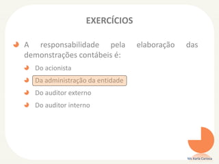 EXERCÍCIOS
A responsabilidade pela elaboração das
demonstrações contábeis é:
Do acionista
Da administração da entidade
Do auditor externo
Do auditor interno
Ms Karla Carioca
 