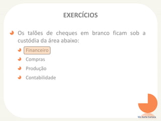 EXERCÍCIOS
Os talões de cheques em branco ficam sob a
custódia da área abaixo:
Financeiro
Compras
Produção
Contabilidade
Ms Karla Carioca
 