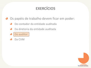 EXERCÍCIOS
Os papéis de trabalho devem ficar em poder:
Do contador da entidade auditada
Da diretoria da entidade auditada
Do auditor
Da CVM
Ms Karla Carioca
 