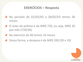 EXERCÍCIOS – Resposta
No período de 01/03/X0 a 28/02/X3 temos 36
meses
O valor do prêmio é de MR$ 720, ou seja, MR$ 20
por mês (720/36)
No exercício de X0 temos 10 meses
Dessa forma, a despesa é de MR$ 200 (20 x 10)
Ms Karla Carioca
 