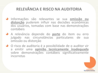 RELEVÂNCIA E RISCO NA AUDITORIA
Informações são relevantes se sua omissão ou
distorção puderem influir nas decisões econômicas
dos usuários, tomadas com base nas demonstrações
contábeis
A relevância depende do porte do item ou erro
julgado nas circunstâncias particulares de sua
omissão ou distorção
O risco de auditoria é a possibilidade de o auditor vir
a emitir uma opinião tecnicamente inadequada
sobre demonstrações contábeis significativamente
incorretas
Ms Karla Carioca
 