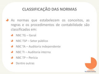 CLASSIFICAÇÃO DAS NORMAS
As normas que estabelecem os conceitos, as
regras e os procedimentos de contabilidade são
classificadas em:
NBC TG – Geral
NBC TSP – Setor público
NBC TA – Auditoria independente
NBC TI – Auditoria interna
NBC TP – Perícia
Dentre outras
Ms Karla Carioca
 