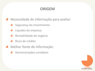 ORIGEM
Necessidade de informação para avaliar:
Segurança do investimento
Liquidez da empresa
Rentabilidade do negócio
Risco de crédito
Melhor fonte de informação:
Demonstrações contábeis
Ms Karla Carioca
 