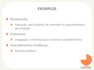 EXEMPLOS
Reexecução
Execução, pelo auditor, de controles ou procedimentos
da entidade
Entrevista
Indagação a terceiros para esclarecer procedimentos
Procedimentos analíticos
Revisão analítica
Ms Karla Carioca
 