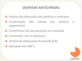 DESPESAS ANTECIPADAS
Análise da adequação das apólices e contratos
Confirmação dos valores das apólices e
pagamentos
Conferência das apropriações ao resultado
Correlação com as despesas
Análise da adequação da classificação
Aplicação das NBC’s
Ms Karla Carioca
 