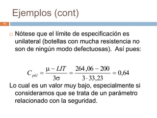 Ejemplos (cont)
11
 Nótese que el límite de especificación es
unilateral (botellas con mucha resistencia no
son de ningún modo defectuosas). Así pues:
Lo cual es un valor muy bajo, especialmente si
consideramos que se trata de un parámetro
relacionado con la seguridad.
64,0
23,333
20006,264
3
LIT
Cpkl
 