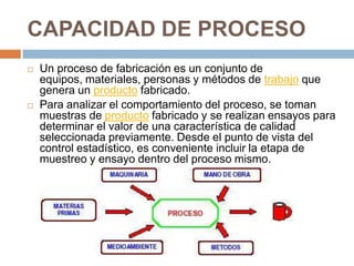 CAPACIDAD DE PROCESO
 Un proceso de fabricación es un conjunto de
equipos, materiales, personas y métodos de trabajo que
genera un producto fabricado.
 Para analizar el comportamiento del proceso, se toman
muestras de producto fabricado y se realizan ensayos para
determinar el valor de una característica de calidad
seleccionada previamente. Desde el punto de vista del
control estadístico, es conveniente incluir la etapa de
muestreo y ensayo dentro del proceso mismo.
 